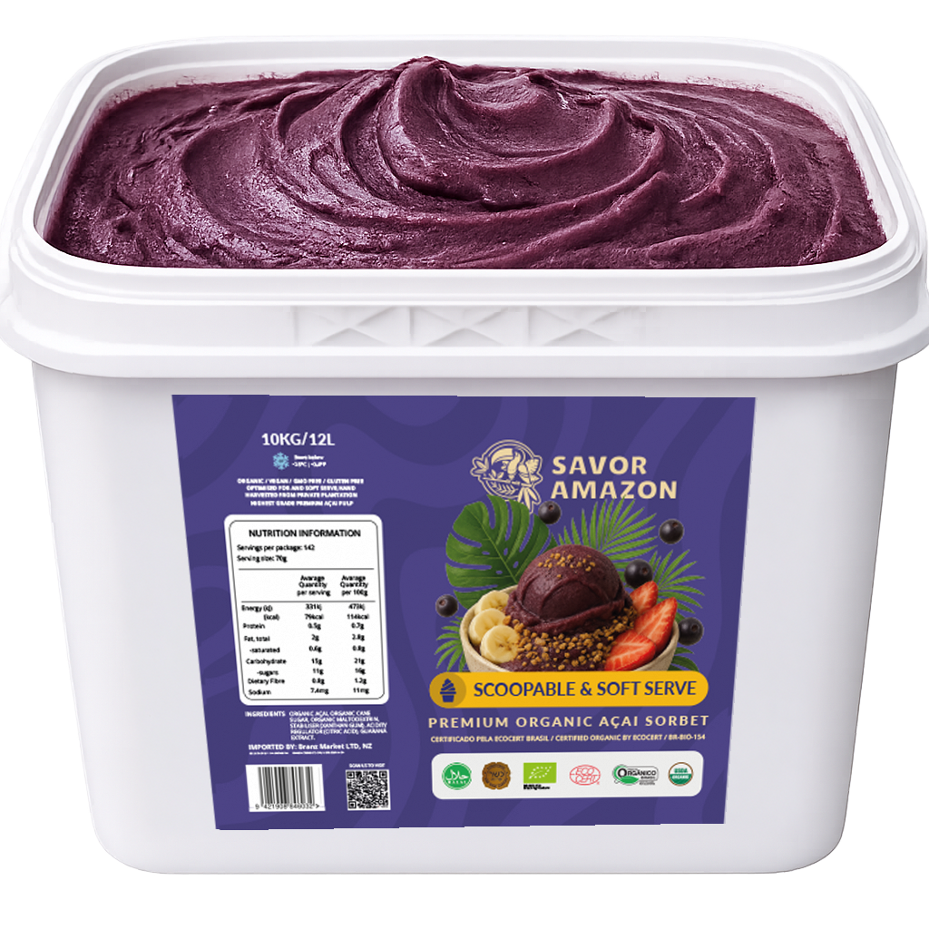 Open Savor açaí tub, showing the real creamy purple texture, ready to scoop.