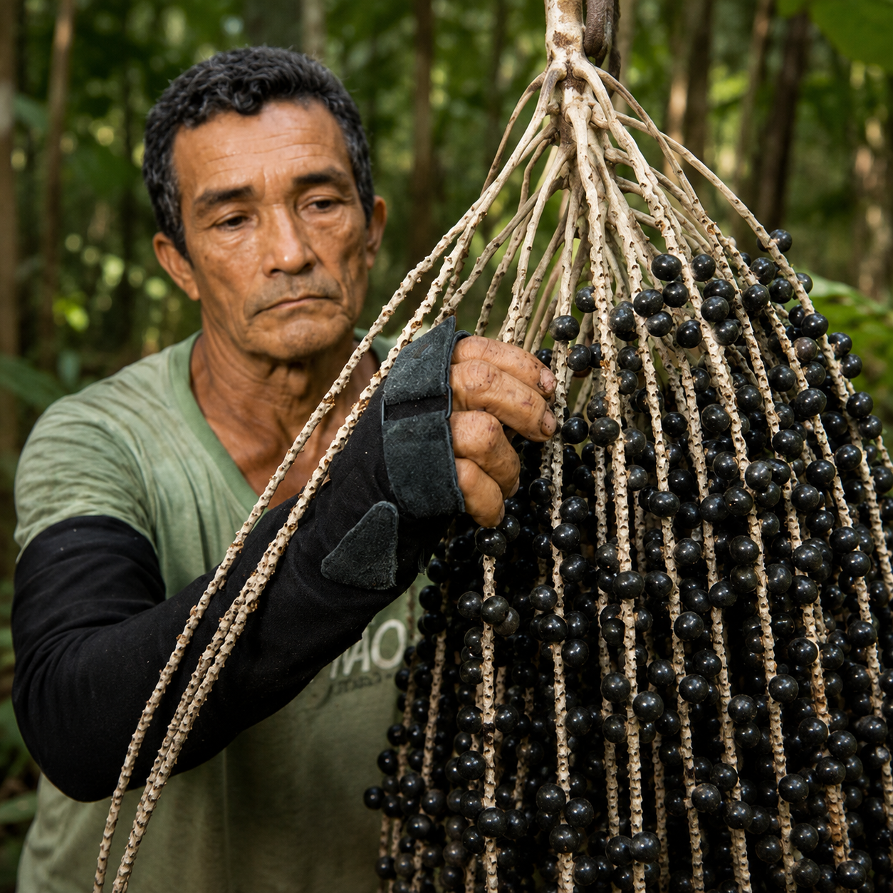 Close-up of an açaí bunch, still on the palm, right after harvest.
