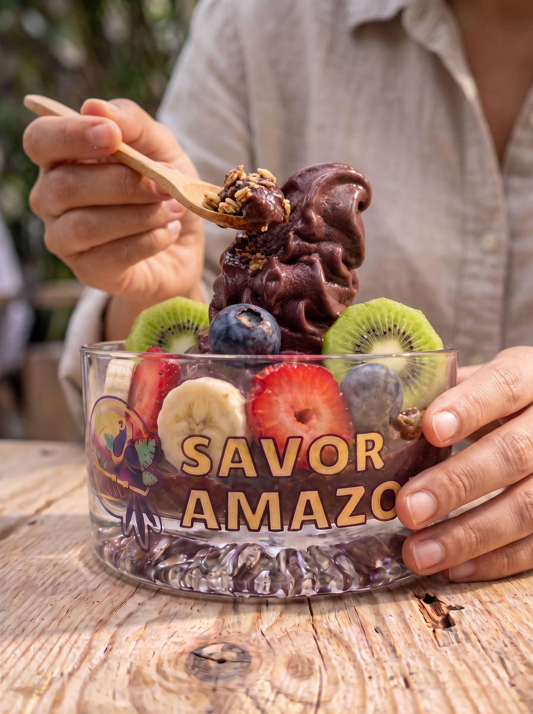 Customer holding a Savor Amazon açaí bowl, ready to eat, outdoors.