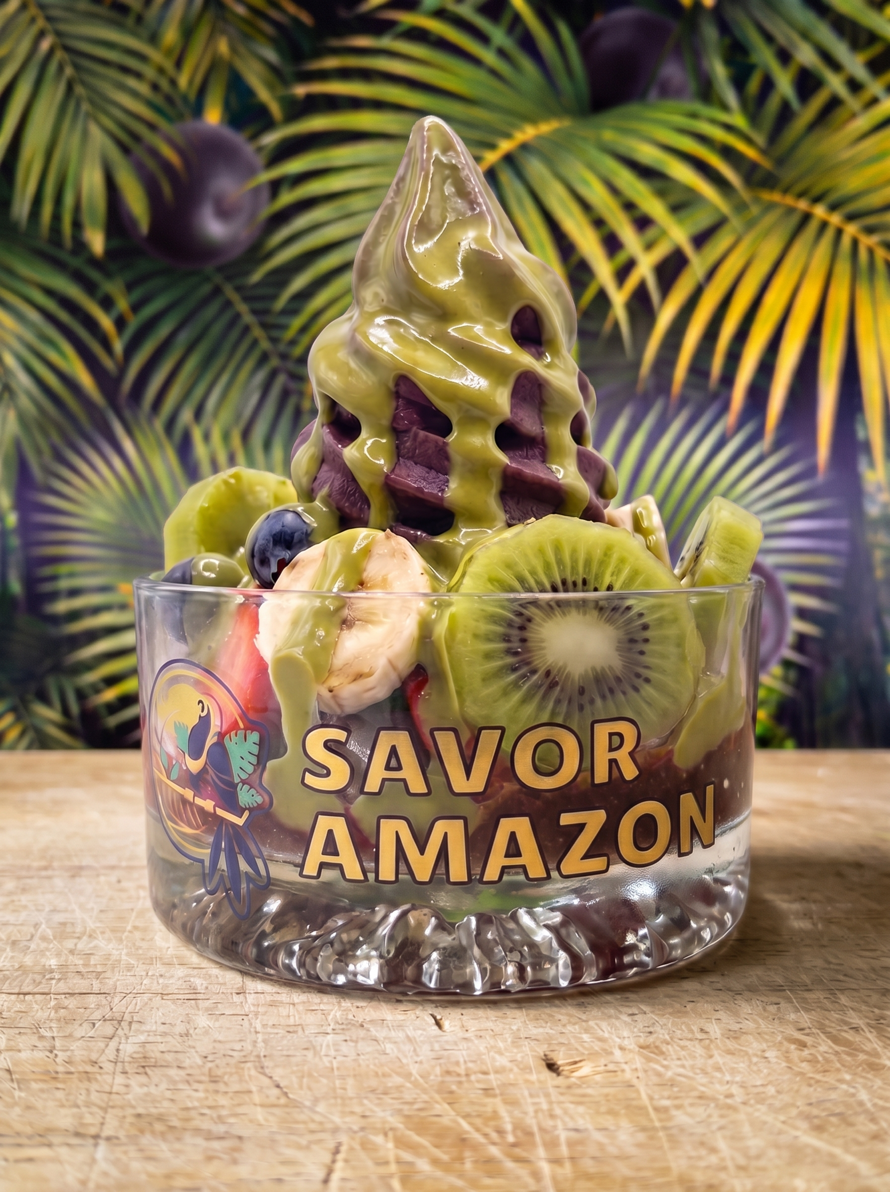 Savor açaí bowl with matcha drizzle, kiwi and banana.