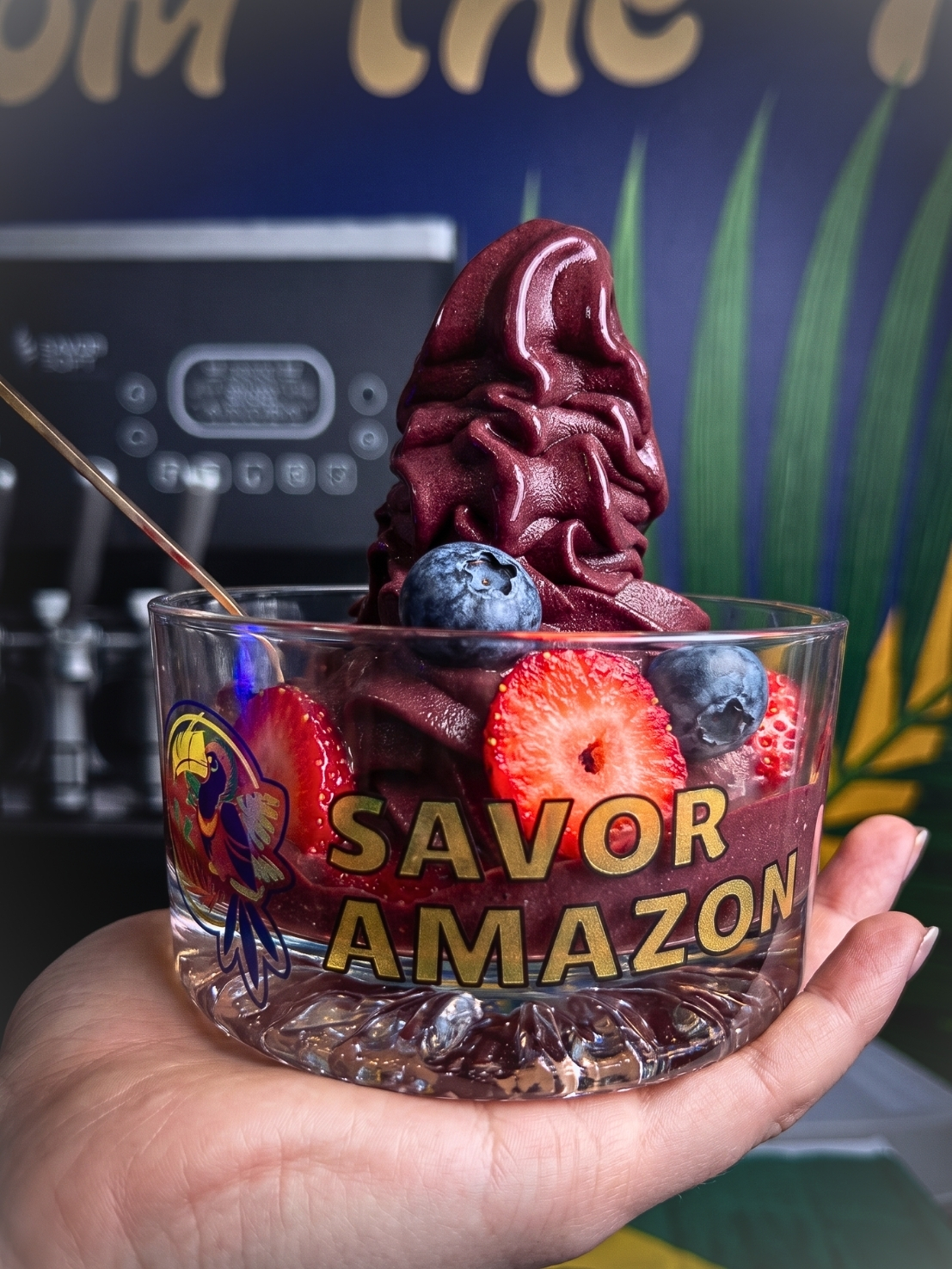 Savor Amazon bowl served in-store, Savor Soft machine visible in the background.